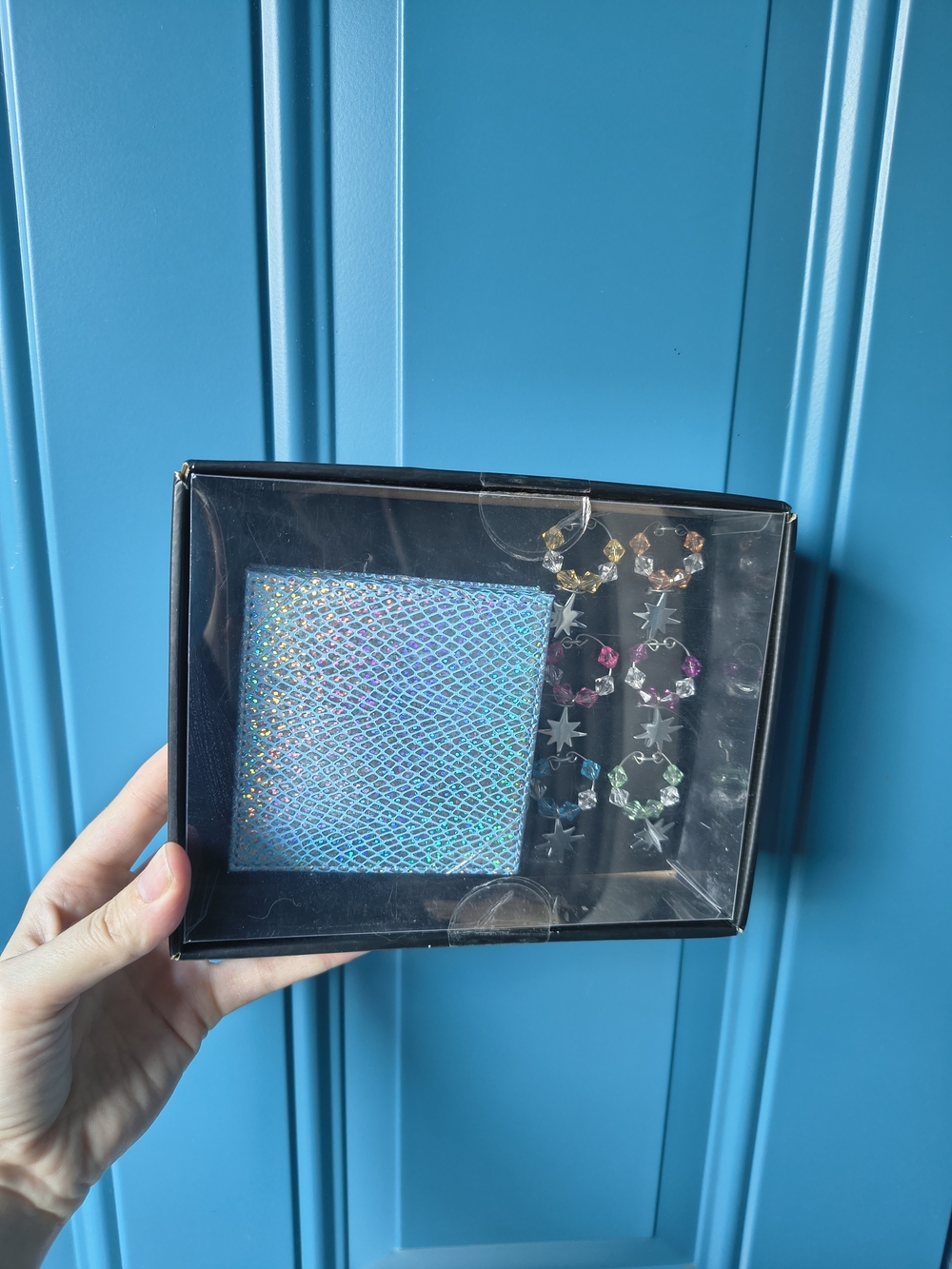 bebe Iridescent Blue Card Case with Multicolor Crystal Hoop Earrings
